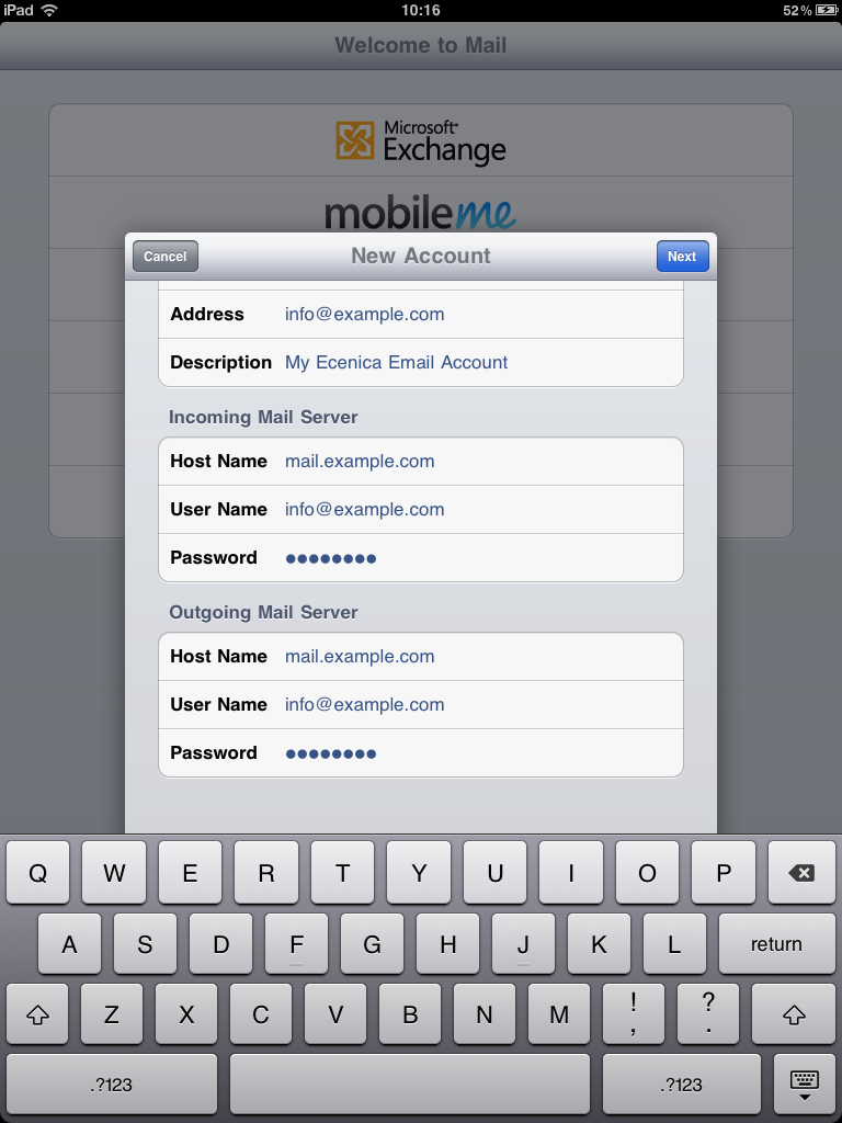 iPad Email Server Settings
